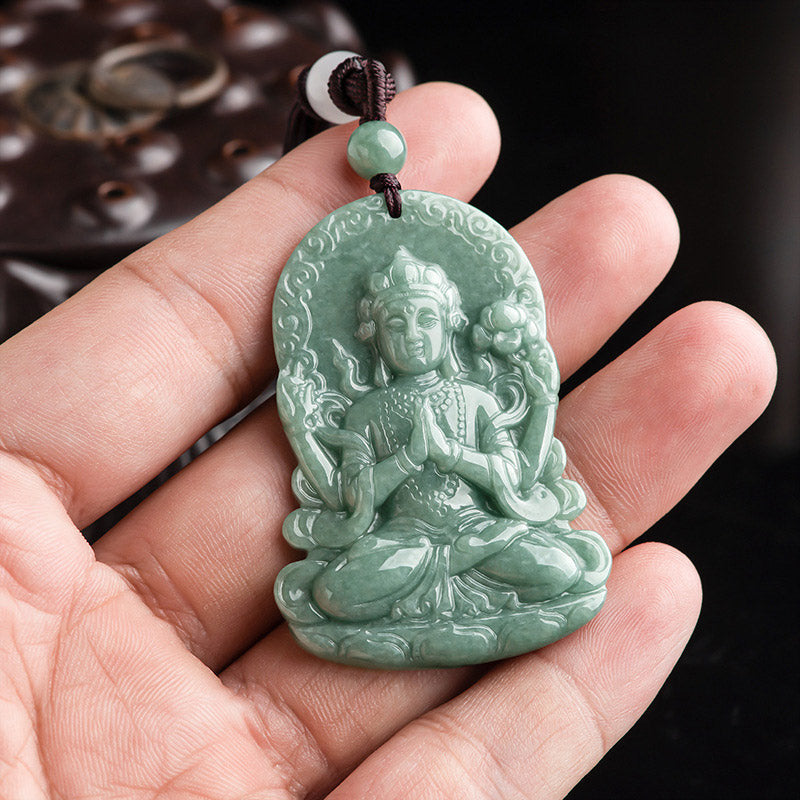 Four-armed Avalokitesvara Natural Jade Amulet Blessing String Necklace - Image 4