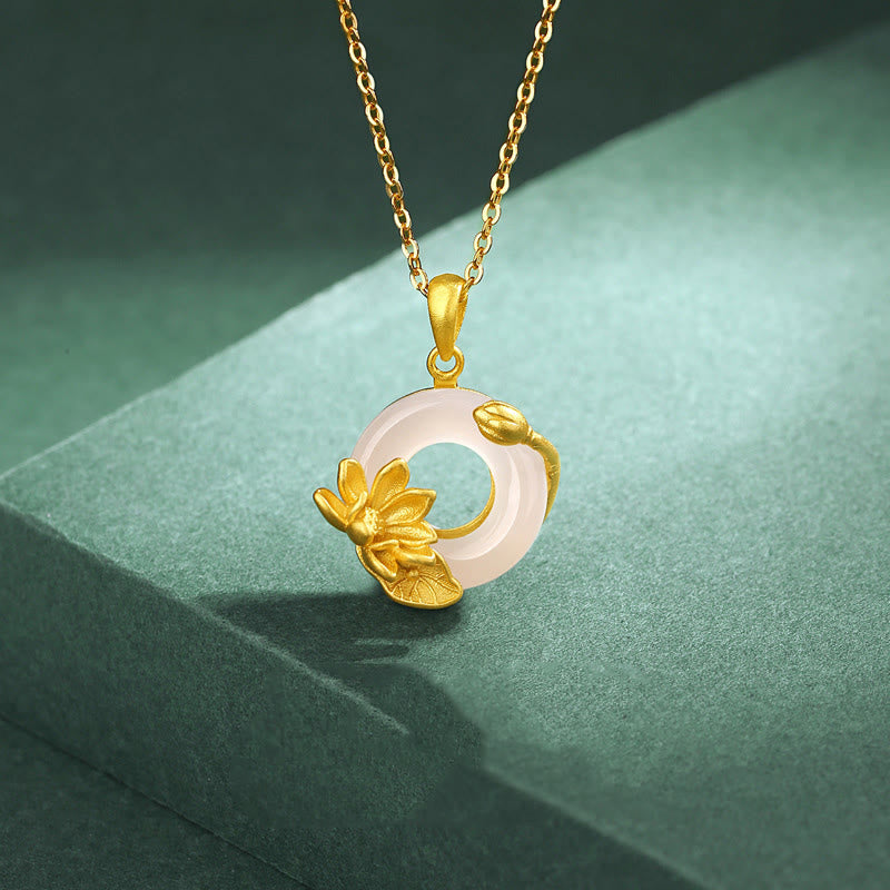 Natural White Chalcedony Peace Buckle Lotus Pendant S925 Sterling Silver Necklace - Image 3
