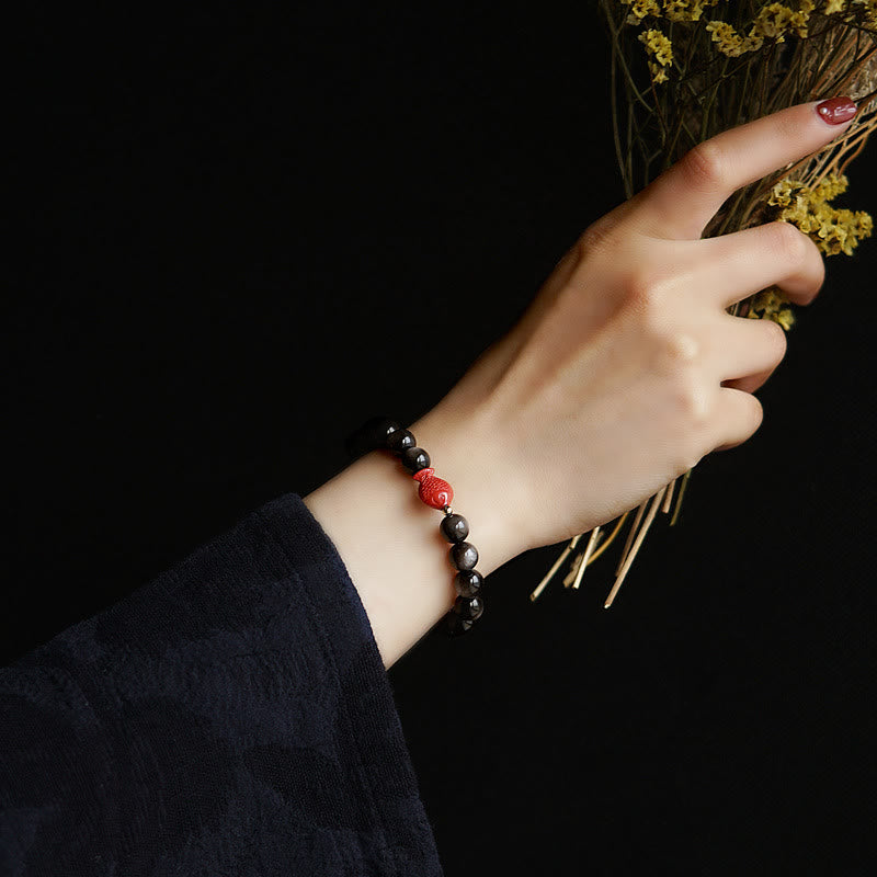Natural Silver Sheen Obsidian Cinnabar Koi Fish Soothing Protection Bracelet - Image 8