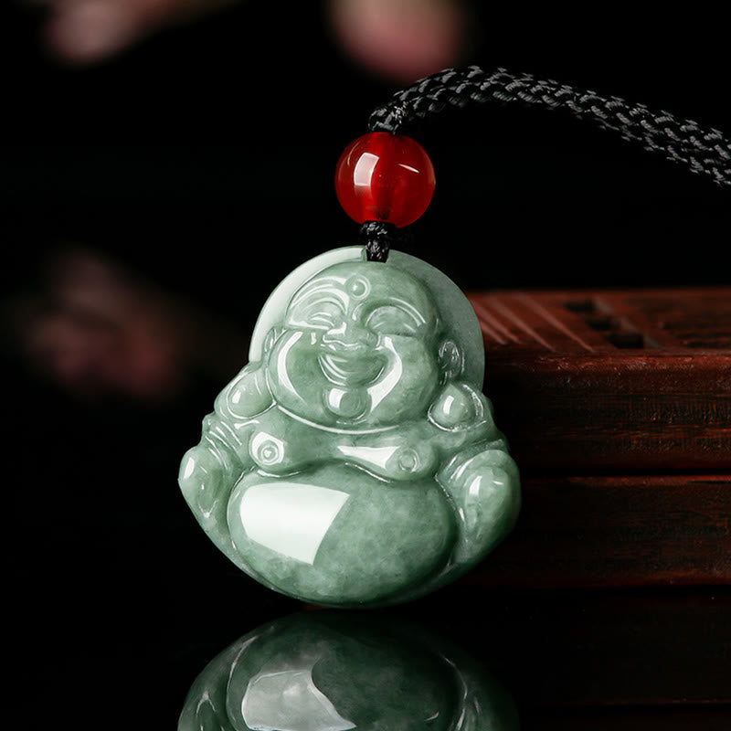 Natural Green Jade Laughing Buddha Luck Abundance Necklace Pendant