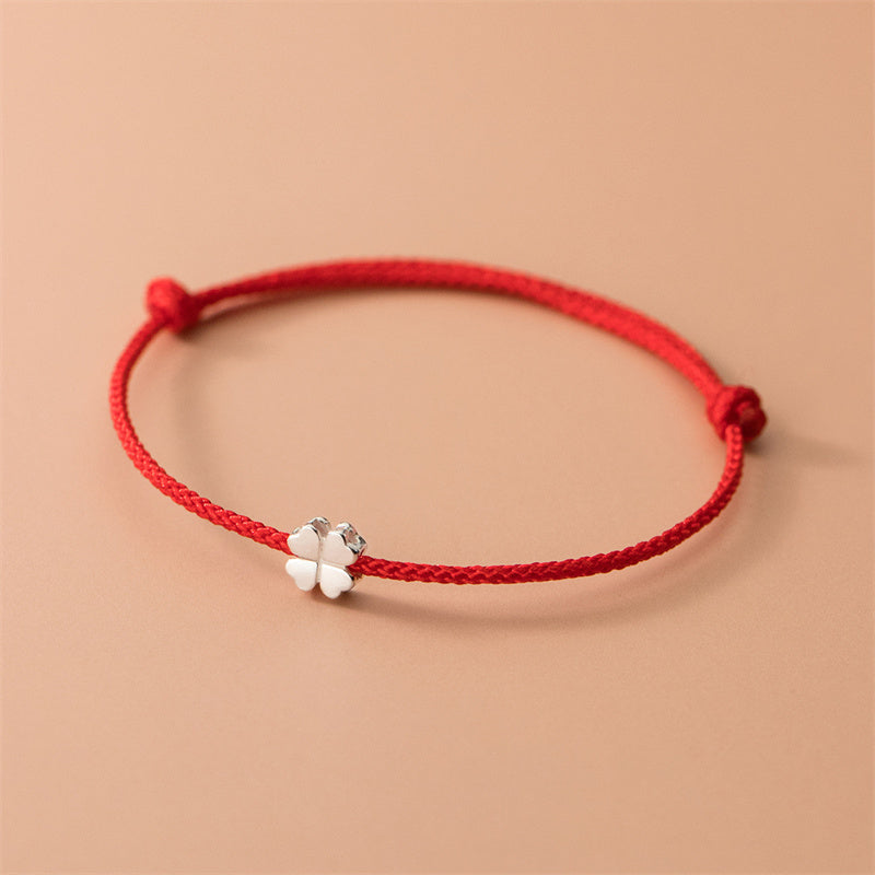 925 Sterling Silver Four Leaf Clover Red Rope Bracelet