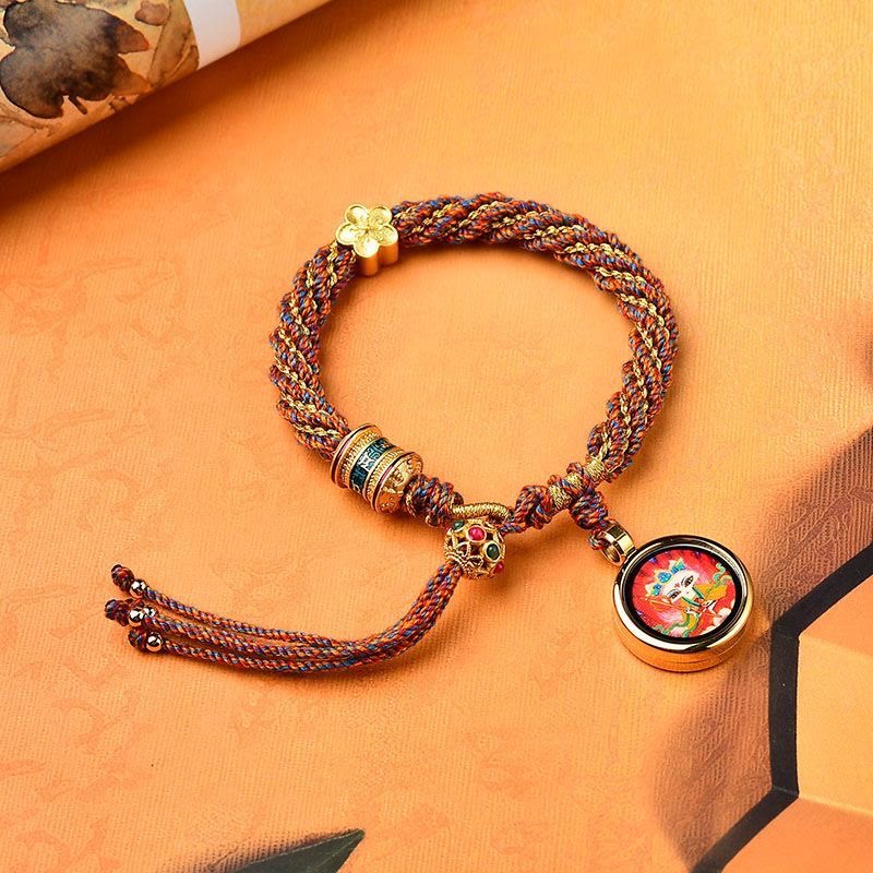Tibet Handmade Five God Of Wealth Luck Thangka Amulet Prayer Wheel Flower Charm Weave String Bracelet - Image 9
