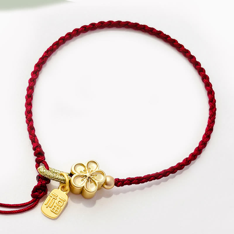 Handmade Peach Blossom Rosette Bow Knot Fu Character Charm Luck Fortune Red Rope Bracelet - Image 4