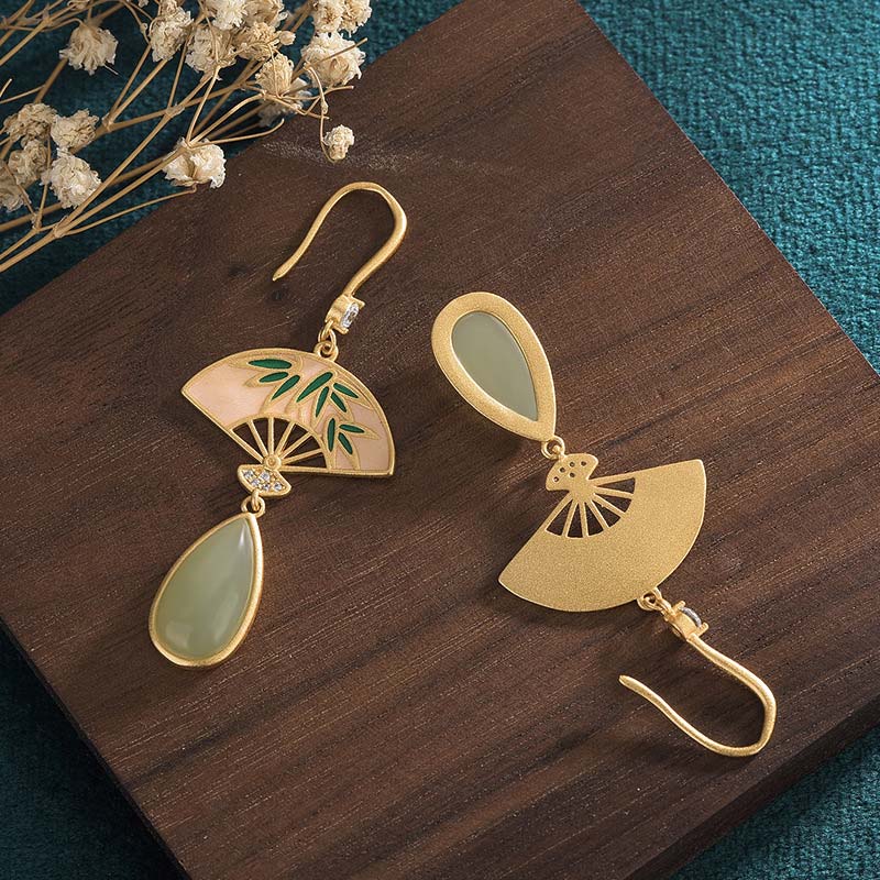 Natural Green Aventurine Fan Pattern Luck Drop Earrings - Image 4