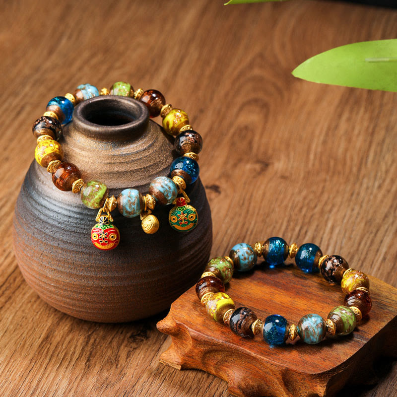 Gold Swallowing Beast Family Charm Liuli Glass Bead Fortune Bracelet - Image 22