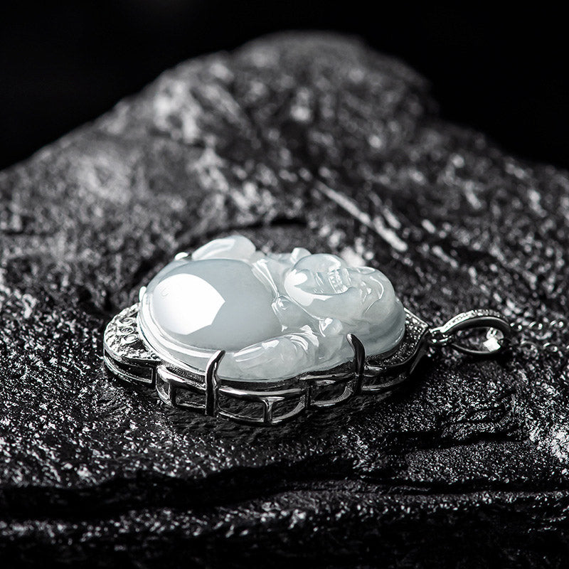 925 Sterling Silver Laughing Buddha Natural Jade Abundance Necklace Pendant - Image 6