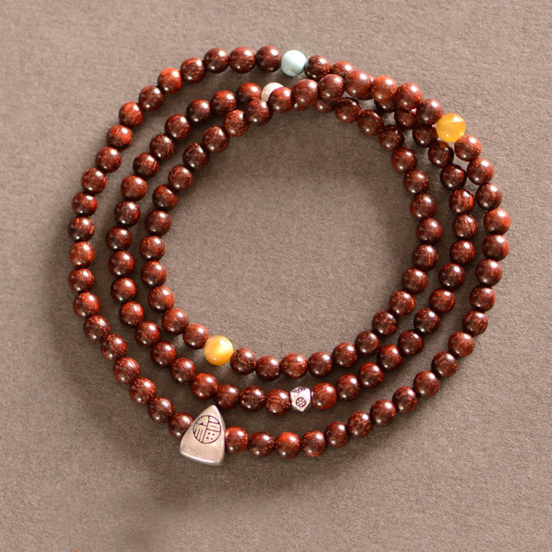 925 Sterling Silver Indian Small Leaf Red Sandalwood Fu Character Protection Triple Wrap Bracelet