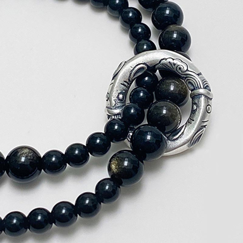 999 Sterling Silver Black Obsidian Fulfillment Strength Double Layer Bracelet - Image 5