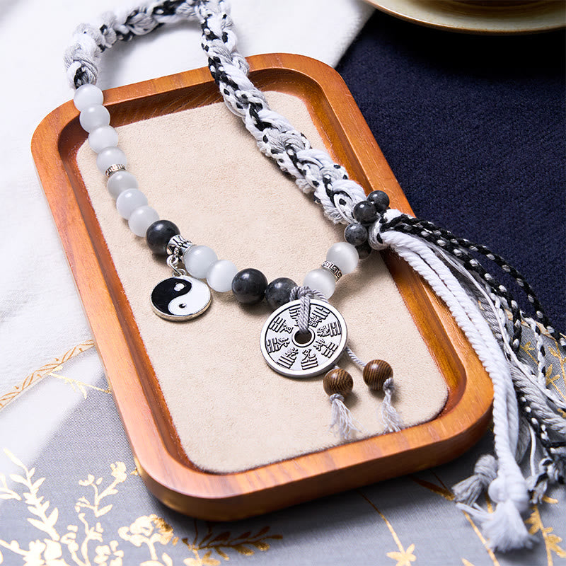 Black Glitter Stone Cat's Eye Yin Yang Mountain Ghosts Spend Money Power Double Layer Rope Bracelet - Image 5