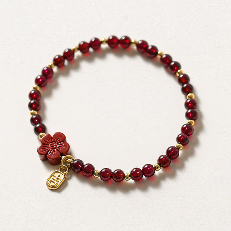 14K Gold Plated Natural Garnet Cinnabar Flower Calm Bracelet