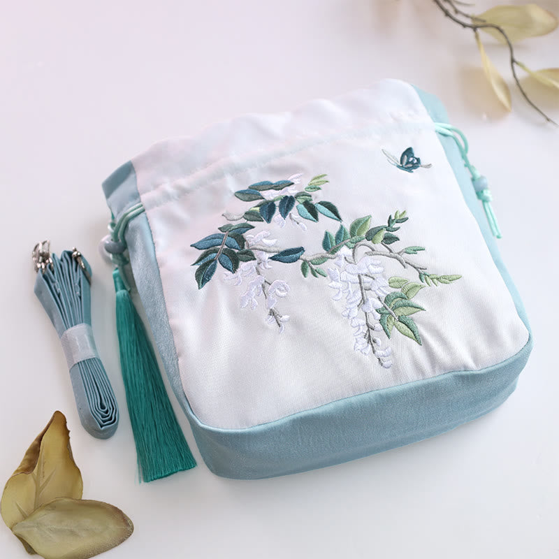 Embroidered Flowers Wisteria Lily Cotton Linen Tote Crossbody Bag Shoulder Bag Handbag - Image 3
