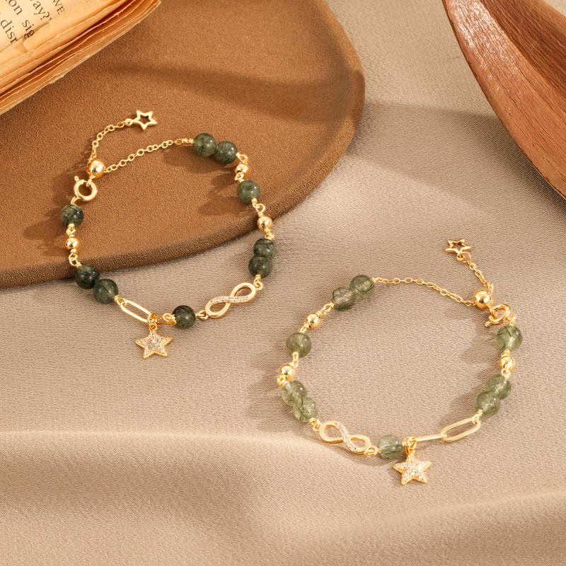 14k Gold Plated Copper Green Rutilated Quartz Möbius Loop Eternal Love Star Protection Bracelet