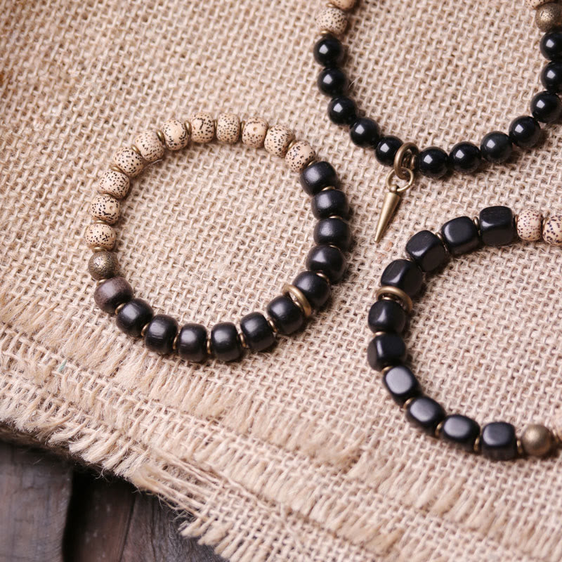 Tibetan Bodhi Seed Black Obsidian Ebony Wood Copper Peace Bracelet - Image 4