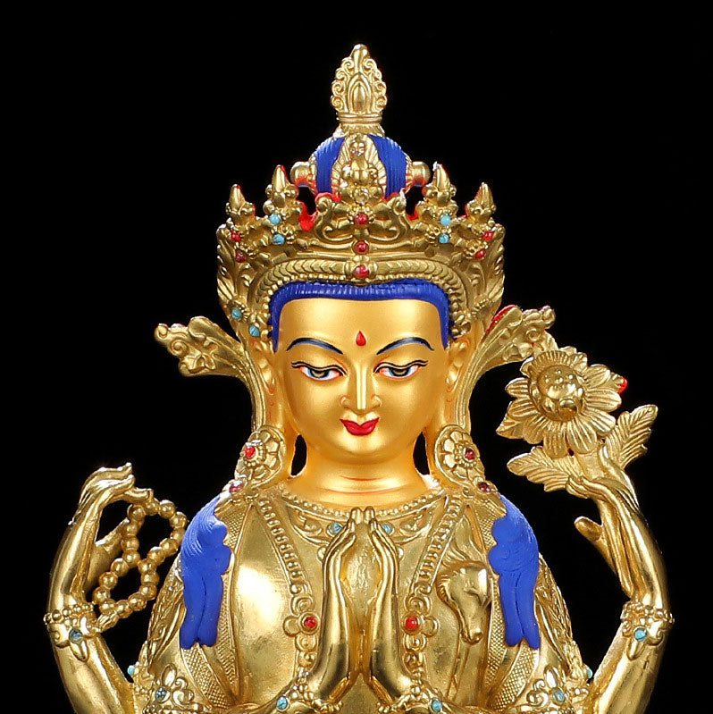 Chenrezig Four-armed Avalokitesvara Protection Copper Gold Plated Statue Decoration - Image 9