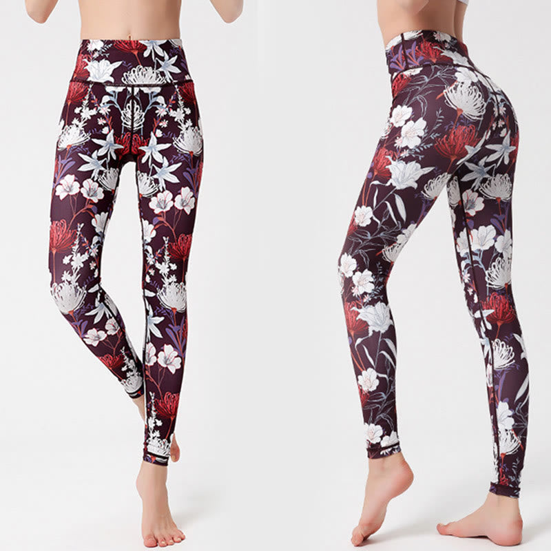 Colorful Flower Petal Leaves Print Sports Exercise Fitness High Waist Leggings Women's Yoga Pants