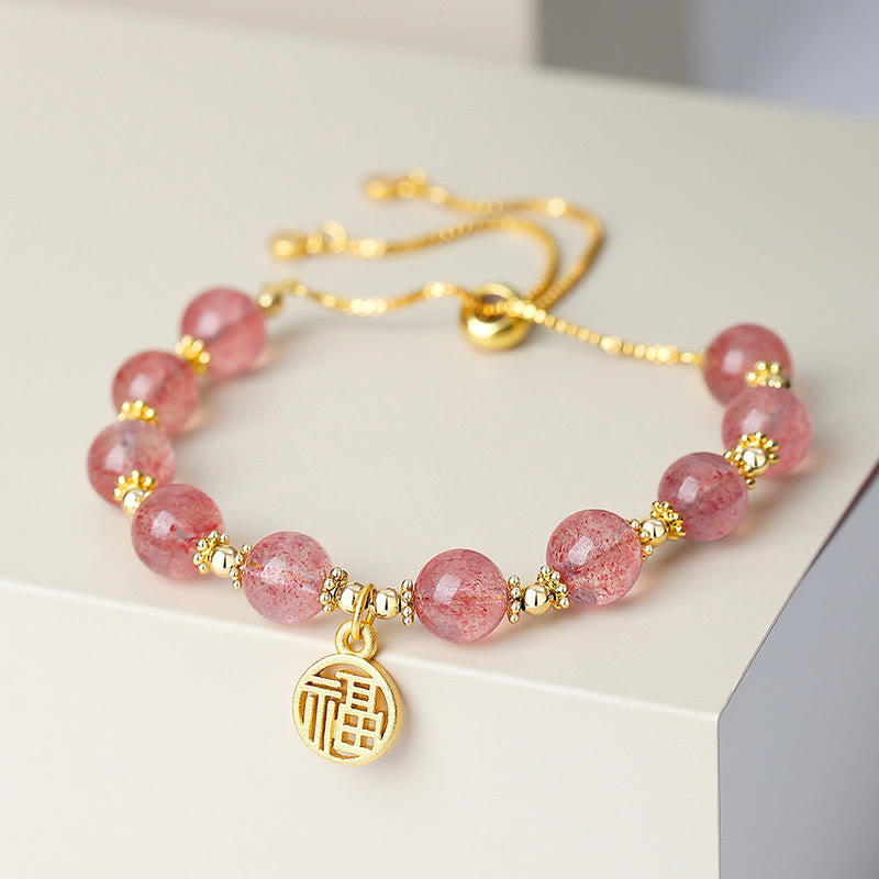 14K Gold Plated Natural Strawberry Quartz Fu Character Positive Charm Bracelet