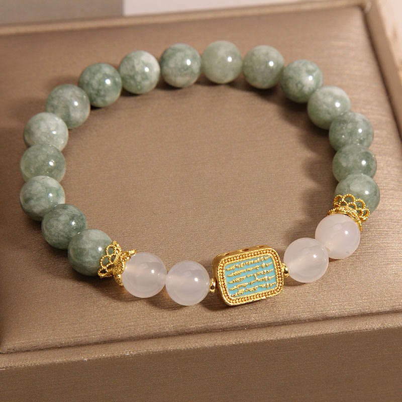 Natural Green Jade White Agate Five Scriptures Abundance Bracelet