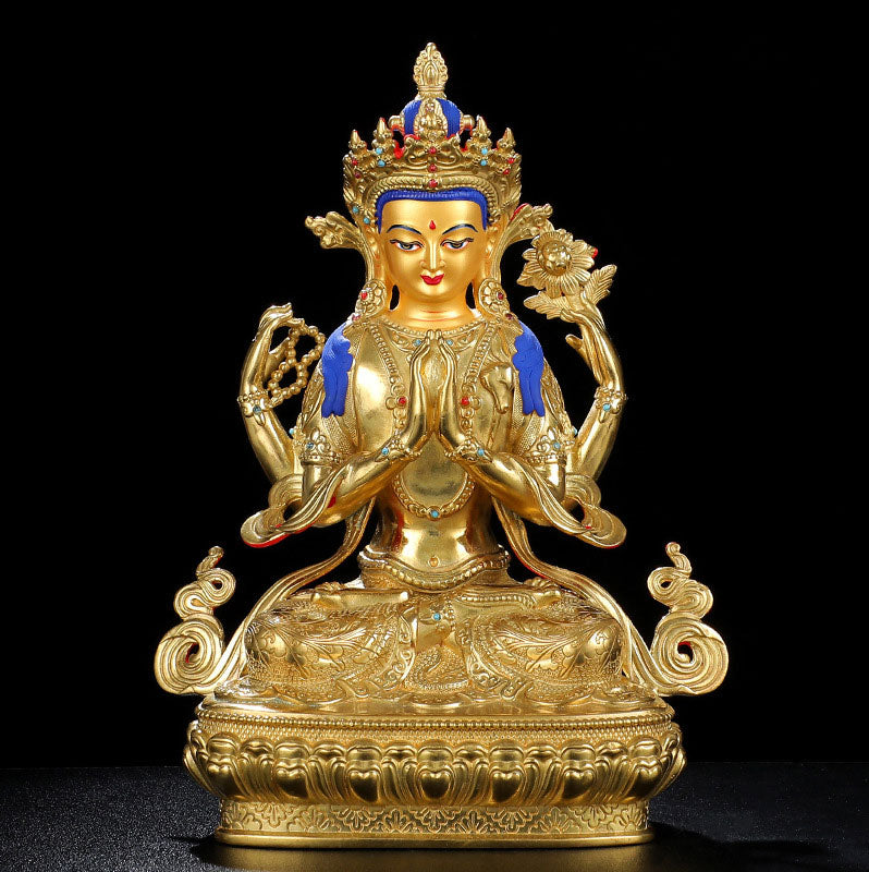 Chenrezig Four-armed Avalokitesvara Protection Copper Gold Plated Statue Decoration - Image 10