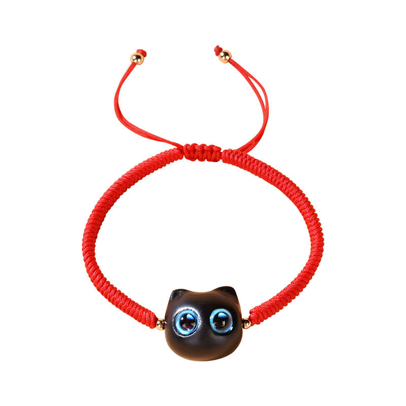 Ebony Wood Cat Head Pattern Peace King Kong Knot Braided Bracelet - Image 13