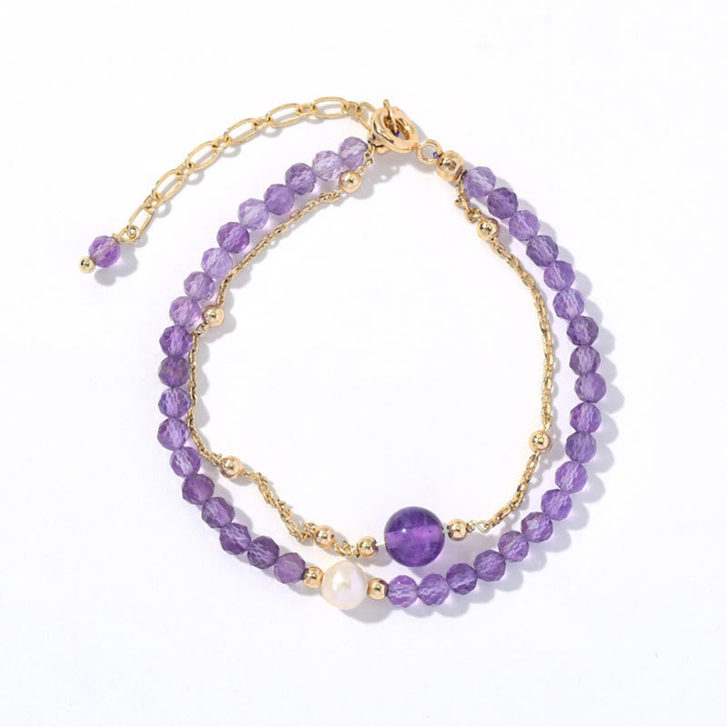 14K Gold Plated Amethyst Crystal Healing Double Layer Chain Bracelet - Image 8