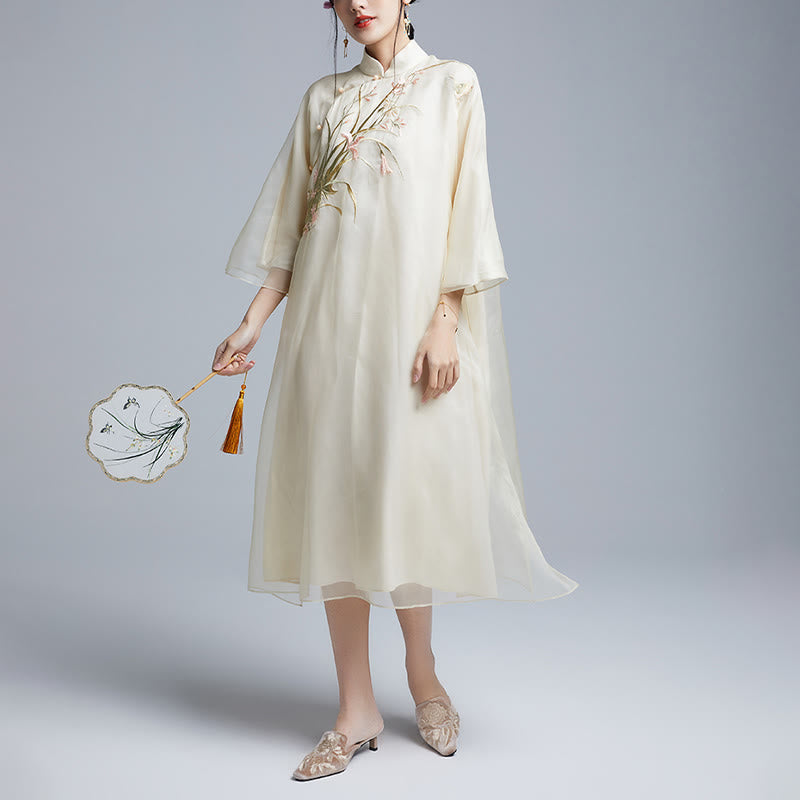 100% Mulberry Silk 6 Momme Dress Vintage Flower Butterfly Embroidery Qipao Dress Women's Cheongsam Dress - Image 9