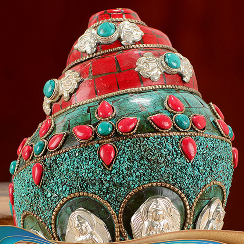 Tibetan Handmade Shankha Om Mani Padme Hum Buddha Avalokitesvara Turquoise Conch Shell Positive Decoration - Image 6