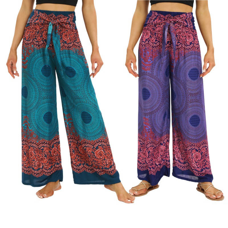 Bohemian Compass Flower Print Lace-up Wide Leg Pants Women's Yoga Pants