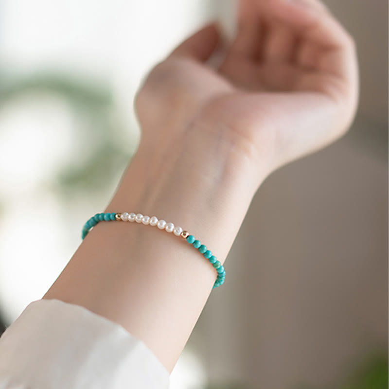925 Sterling Silver Natural Turquoise Pearl Beaded Bracelet - Image 4