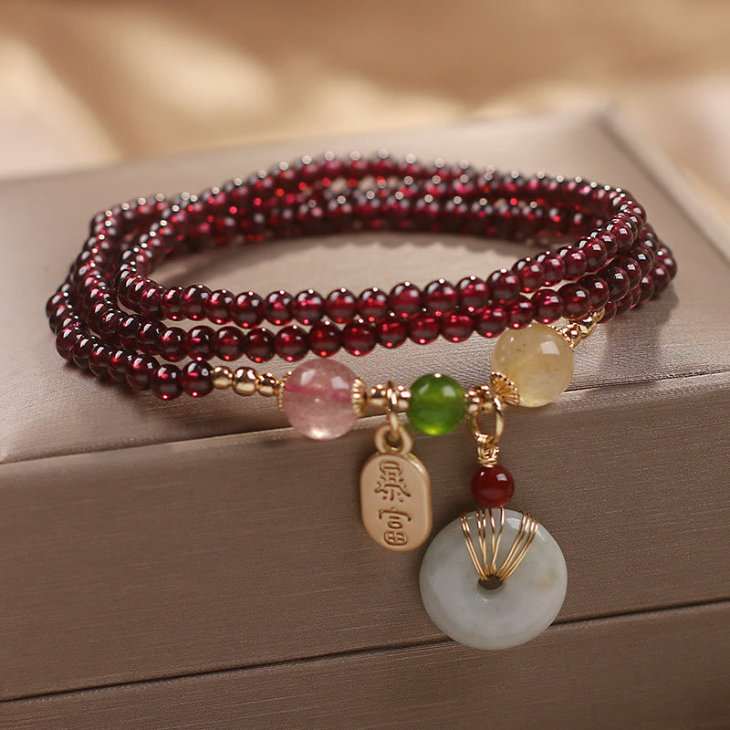 Natural Garnet Strawberry Quartz Crystal Fox Koi Fish Peace Buckle Fortune Protection Triple Wrap Bracelet - Image 11