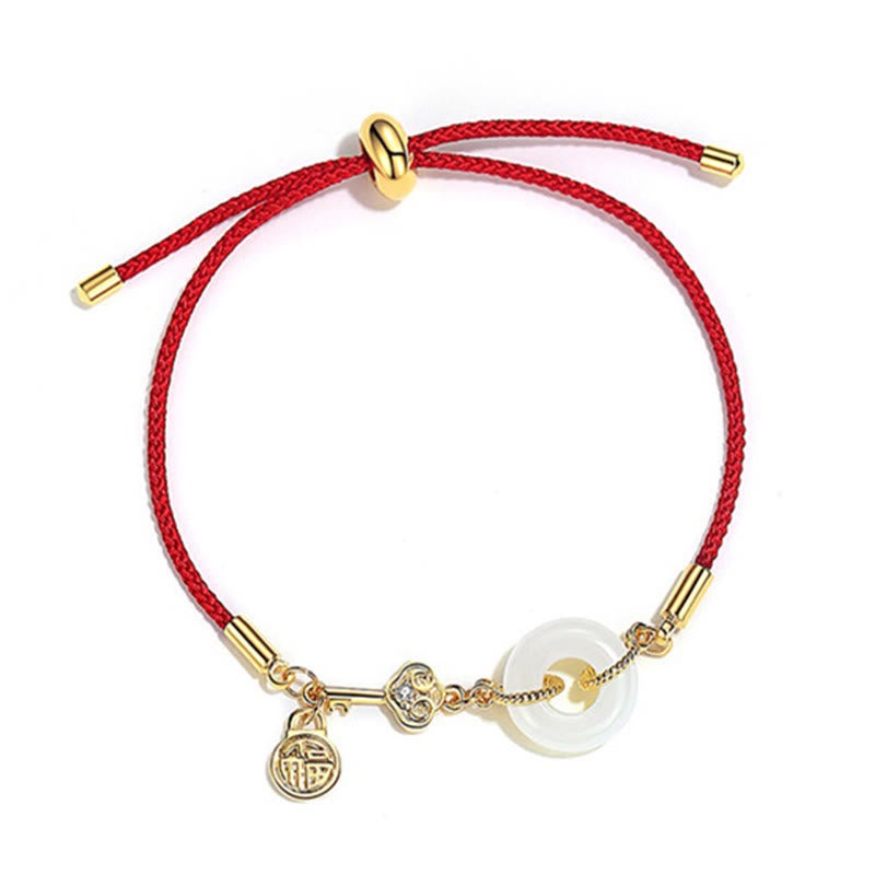 18K Gold Plated Hetian Jade Peace Buckle Fu Character Luck Red Rope Bracelet - Image 14