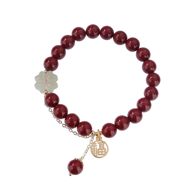 Cinnabar Fu Character Hetian Jade Lucky Four Leaf Clover Blessing Bracelet - Image 9