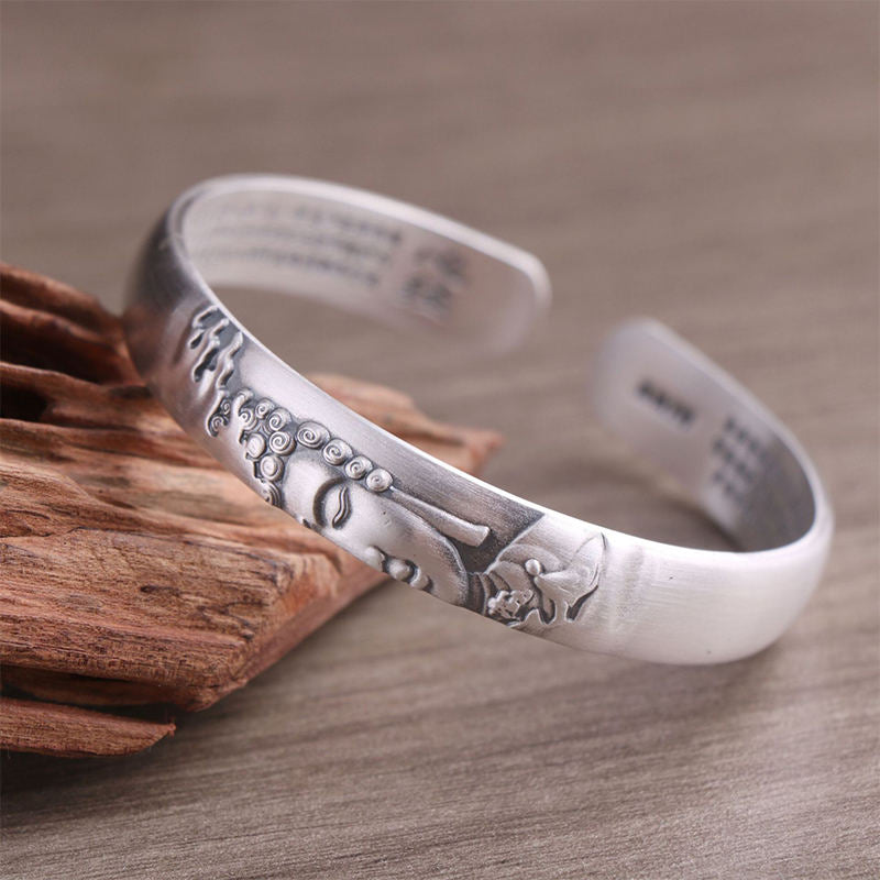 999 Sterling Silver Buddha Head Heart Sutra Serenity Bracelet Bangle