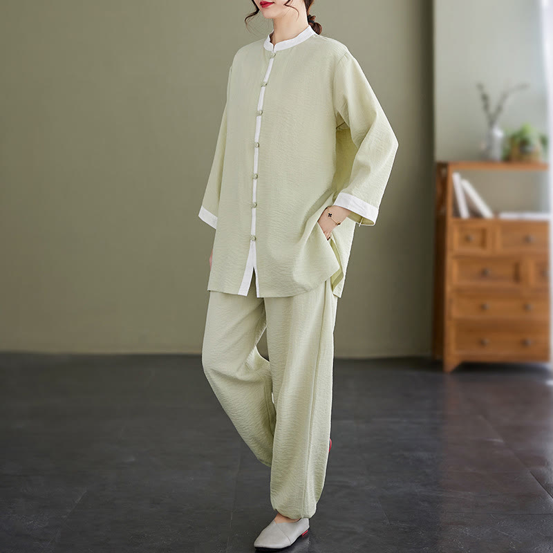 2Pcs Vintage Long Sleeve Shirt Top Pants Meditation Zen Tai Chi Cotton Linen Clothing Women's Set - Image 15