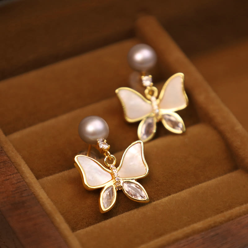 18K Gold Plated Copper Natural Shell Pearl Butterfly Sincerity Stud Earrings - Image 8