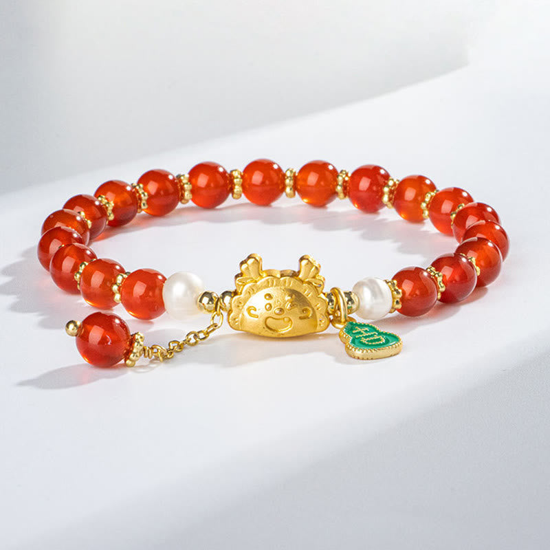 Year Of The Dragon Natural Red Agate Pink Crystal Black Onyx Dumpling Luck Fu Character Bracelet