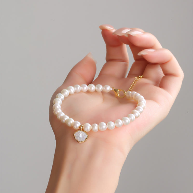 14K Gold Plated Natural Pearl Crystal Shell Charm Bead Bracelet - Image 4