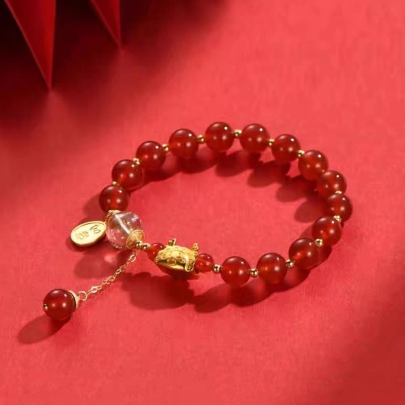 Year of the Dragon Dumpling Natural Red Agate Garnet Hetian Jade Fu Character Luck Success Bracelet - Image 4