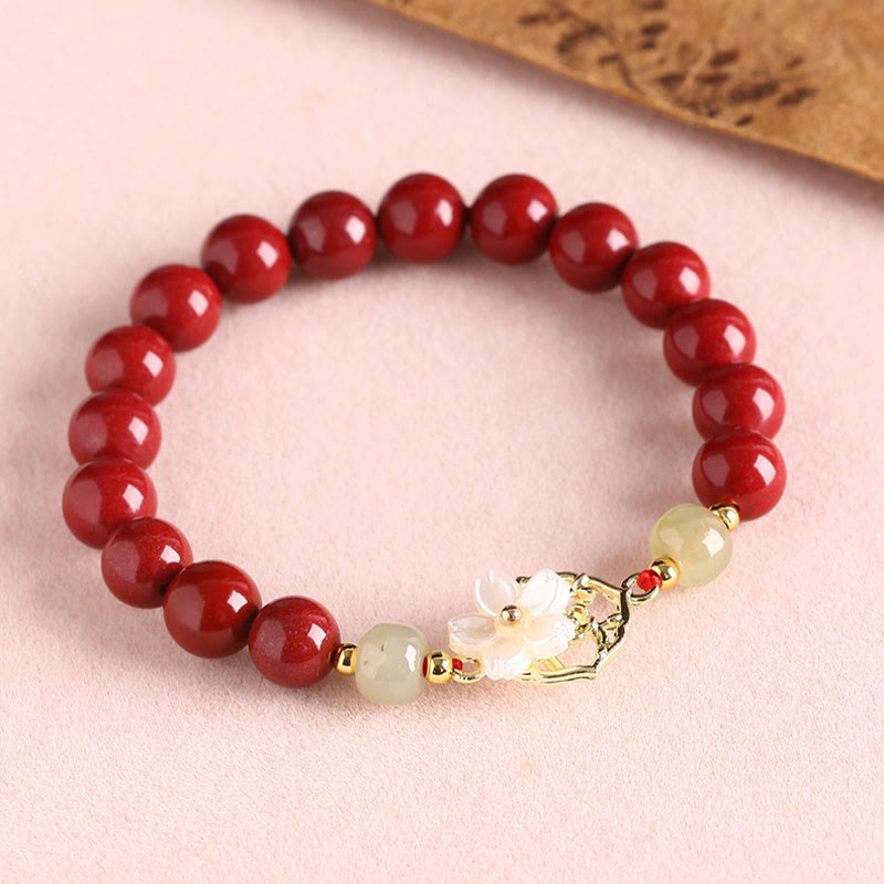 Natural Cinnabar Jade Beaded Tridacna Stone Flower Blessing Bracelet - Image 14