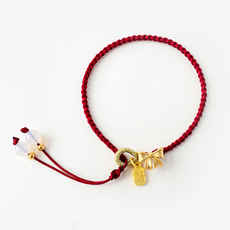 Handmade Peach Blossom Rosette Bow Knot Fu Character Charm Luck Fortune Red Rope Bracelet - Image 6