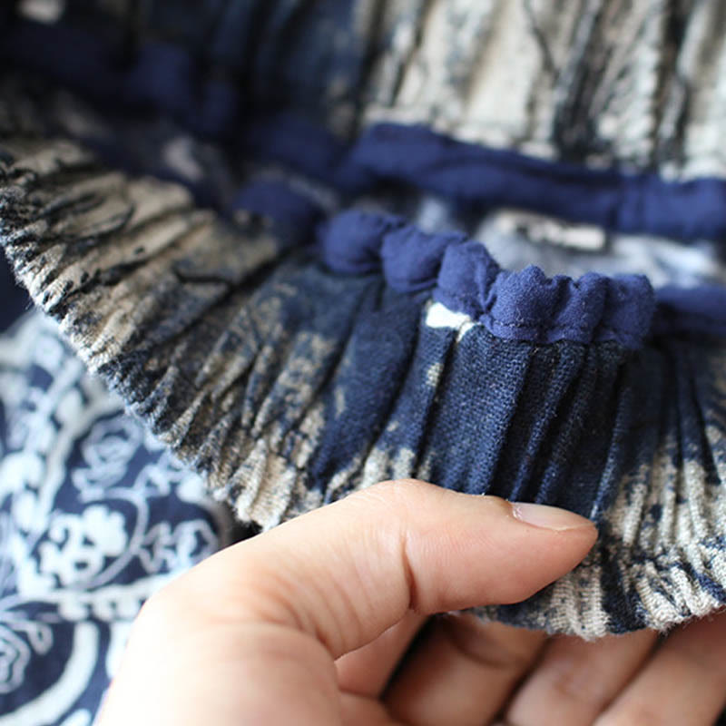 Blue Red Peony Flowers Patchwork Cotton Linen Harem Pants With Pockets - Image 9