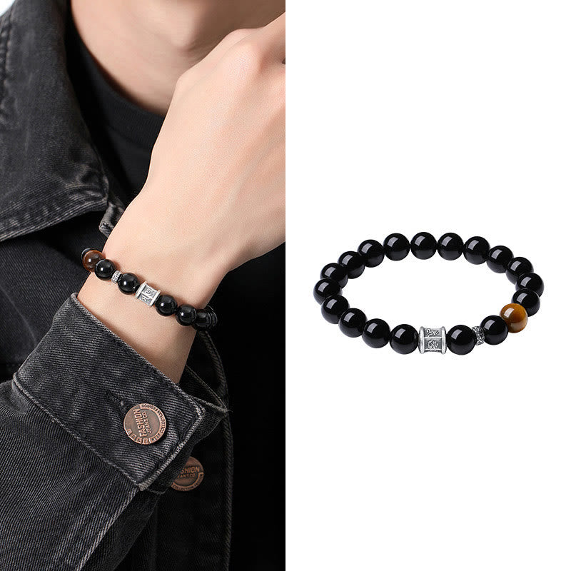 999 Sterling Silver Black Obsidian Tiger Eye Om Mani Padme Hum Fulfillment Bracelet - Image 9
