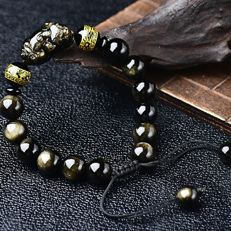 Natural Gold Sheen Obsidian PiXiu Om Mani Padme Hum Wealth Braided Bracelet - Image 8