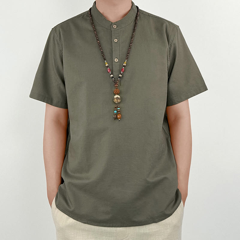 Solid Color Men Short Sleeve Button Linen Shirt