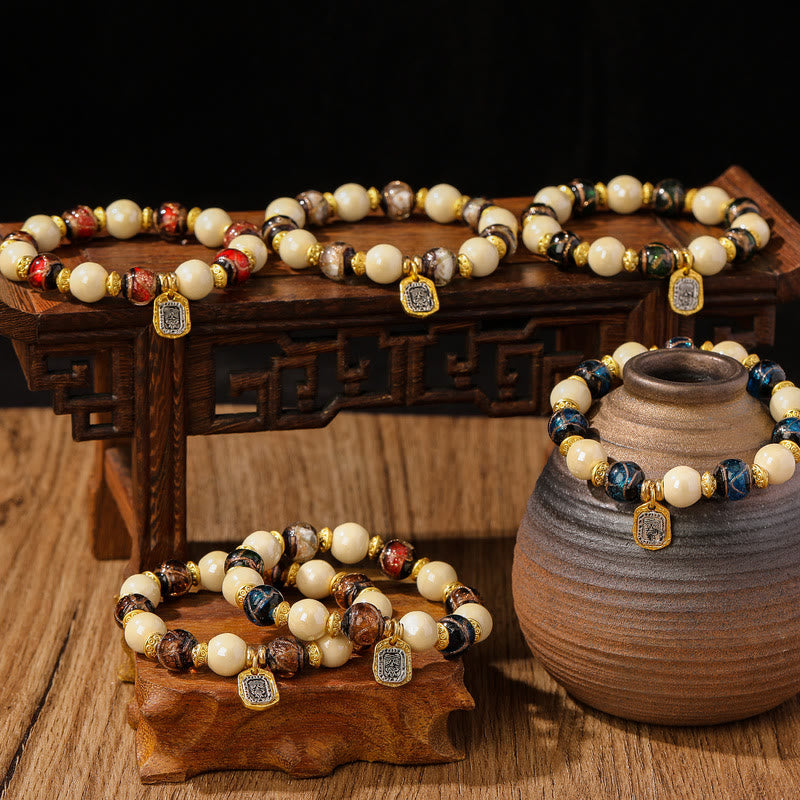 Tibetan Zakiram Goddess of Wealth Charm Liuli Glass Incense Ash Porcelain Bead Protection Bracelet