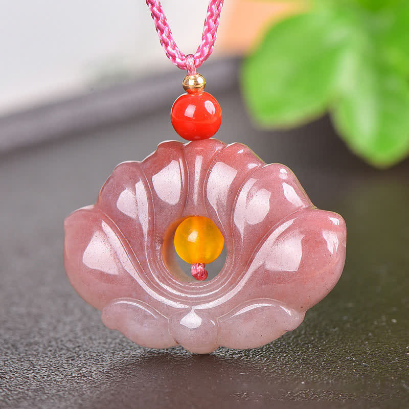 Buddha StonesPink Golden Silk Jade Lotus Flower Wealth Necklace Pendant