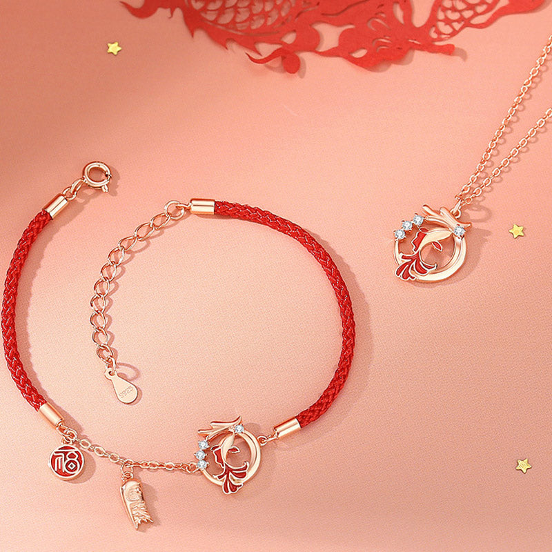 925 Sterling Silver Year Of The Dragon Koi Fish Fu Character Luck Necklace Pendant Bracelet