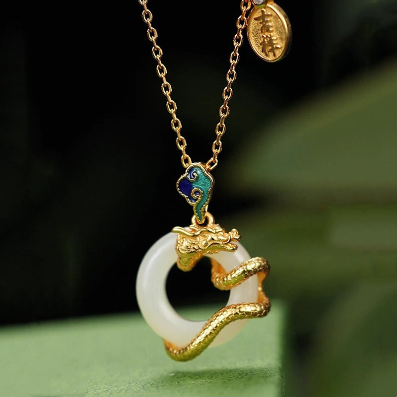 Year Of The Dragon 925 Sterling Silver Hetian White Jade Peace Buckle Auspicious Clouds Success Necklace Pendant
