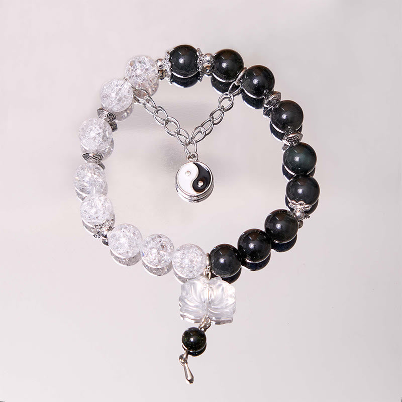 Silver Sheen Obsidian Crackle Clear Quartz Black Rutilated Quartz Yin Yang Lotus Protection Bracelet - Image 3