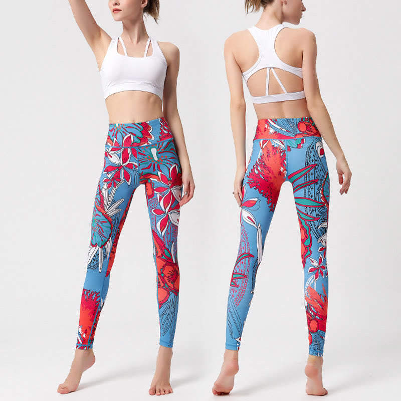 Colorful Flower Petal Leaves Print Sports Exercise Fitness High Waist Leggings Women's Yoga Pants - Image 20