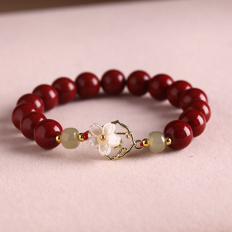 Natural Cinnabar Jade Beaded Tridacna Stone Flower Blessing Bracelet - Image 5